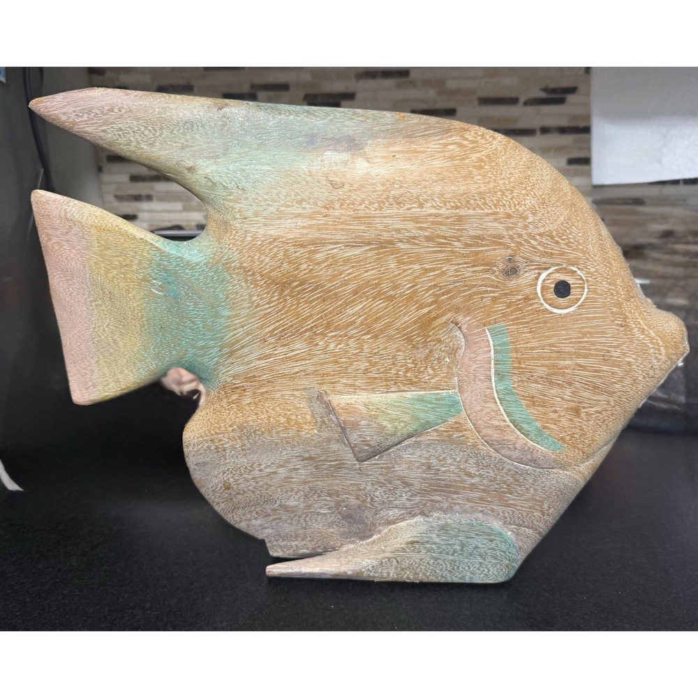 Vintage Hand Carved Wood Angelfish Sculpture 14" Coastal Folk Art Decor